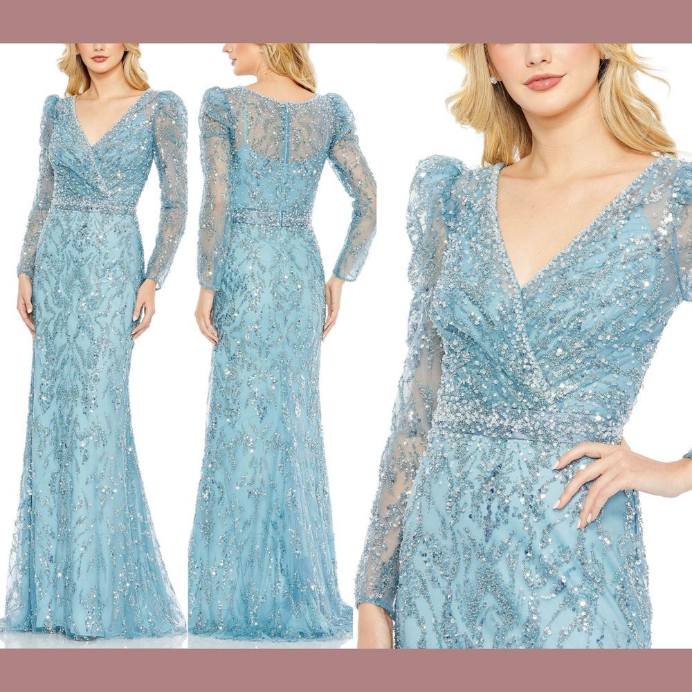 NWT Mac Duggal [ 14 ] 20442 VNeck Full Sleeve Sequin Embellished Gown Aqua Q1086